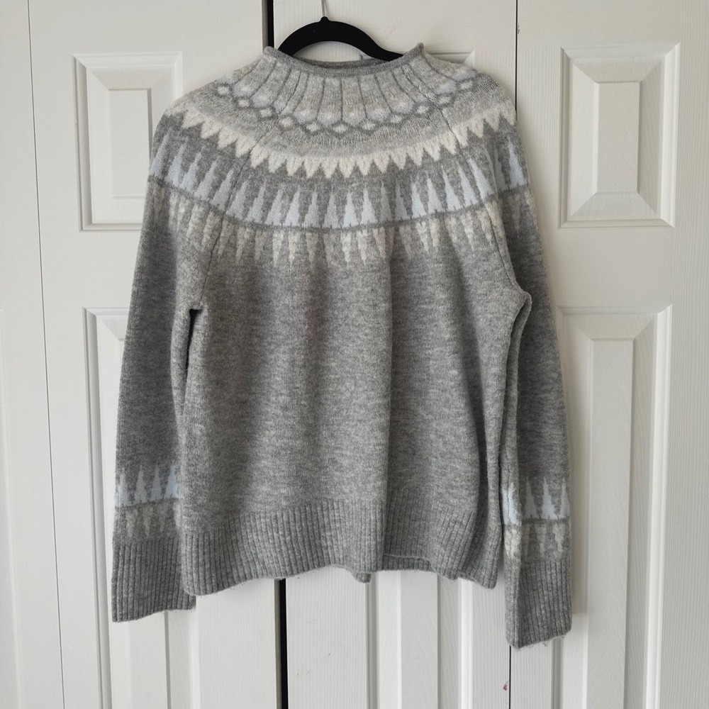 CeCe Women Grey Fair Isle Mock Neck Knit Pullover Sweater Size Medium